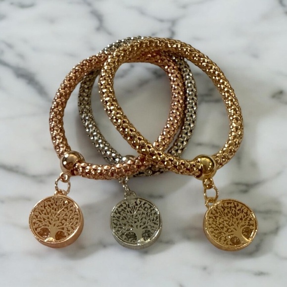 Jewelry - Tree of Life Crystal Charm Stretch Bracelet Set Rose Gold Silver Gold Tri-Color
